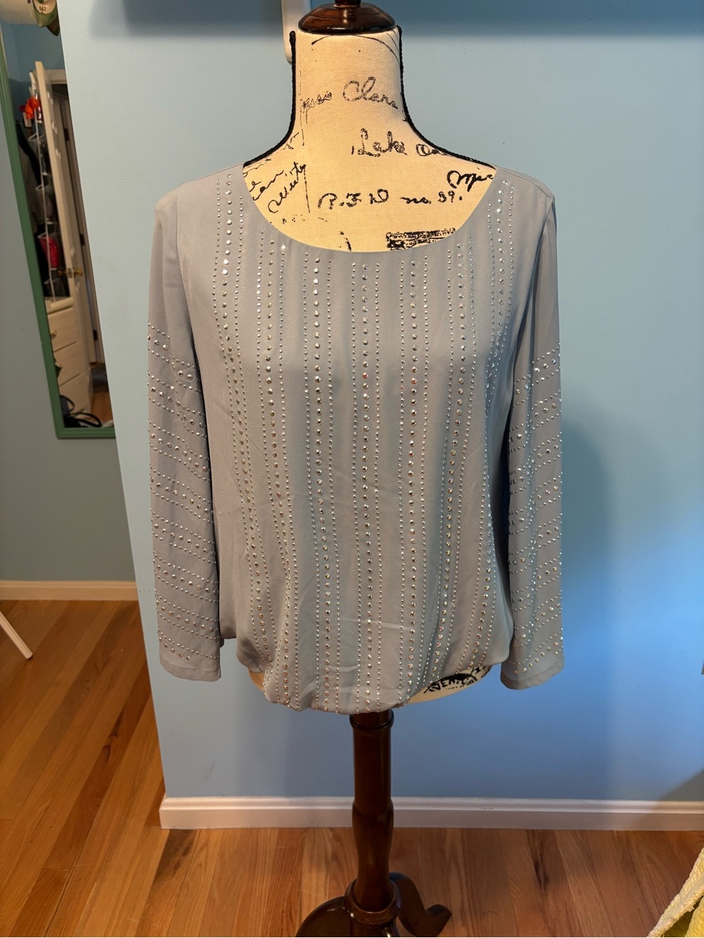Alfani Pale Blue Beaded Scoop-Neck Blouse